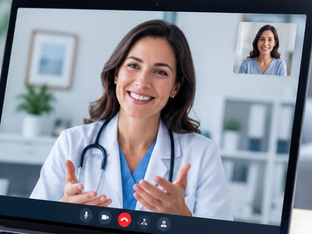 Two healthcare team members in scrubs and a white coat reviewing information on a tablet together