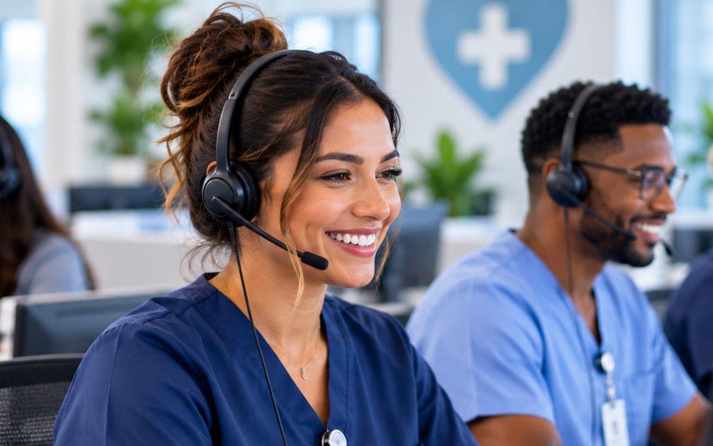 Engagement specialists with headsets smiling while on calls