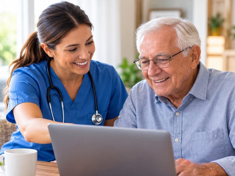 A care worker in blue scrubs sharing a laugh with an older woman