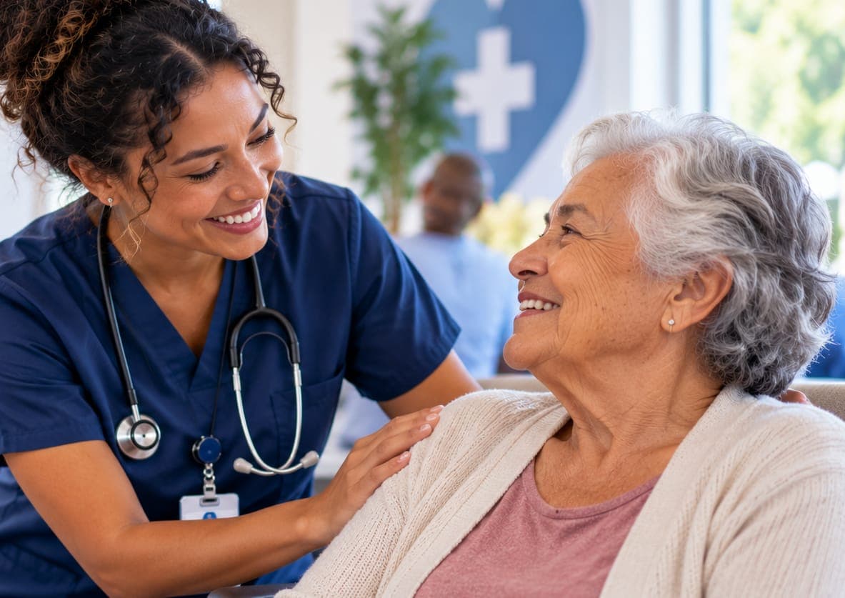 A smiling clinician talking with an older patient