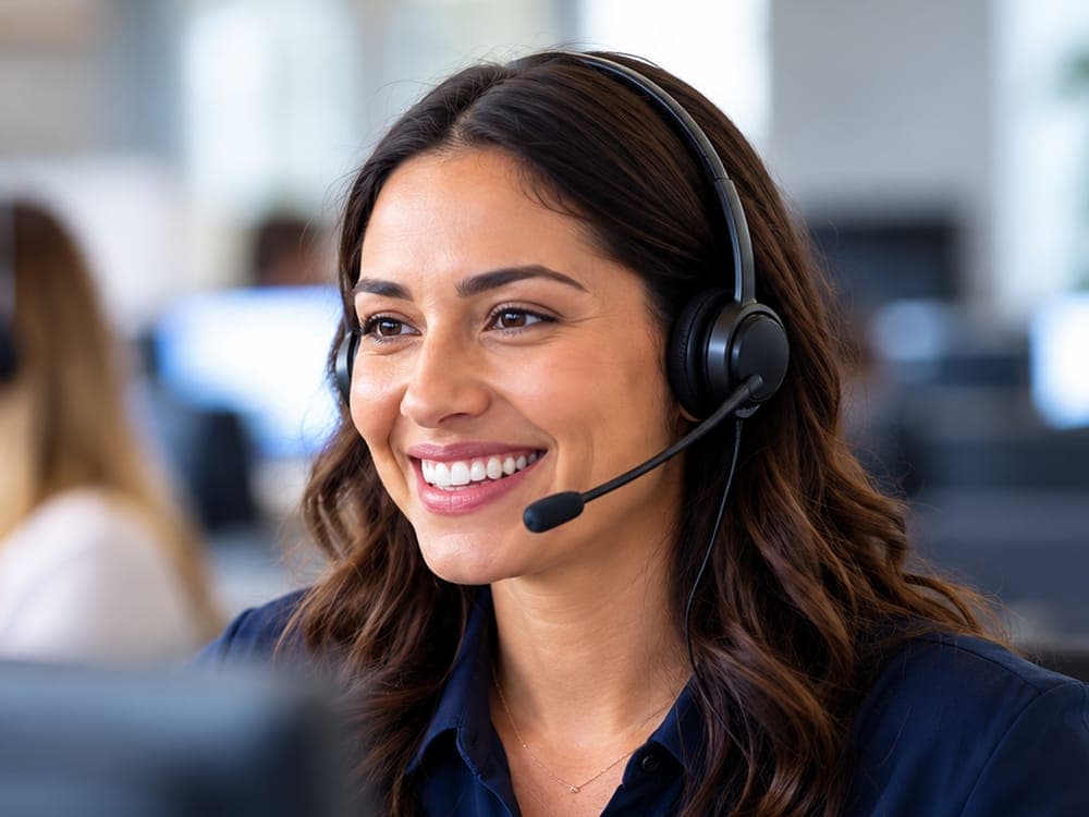 An engagement specialist wearing a headset, smiling during a call